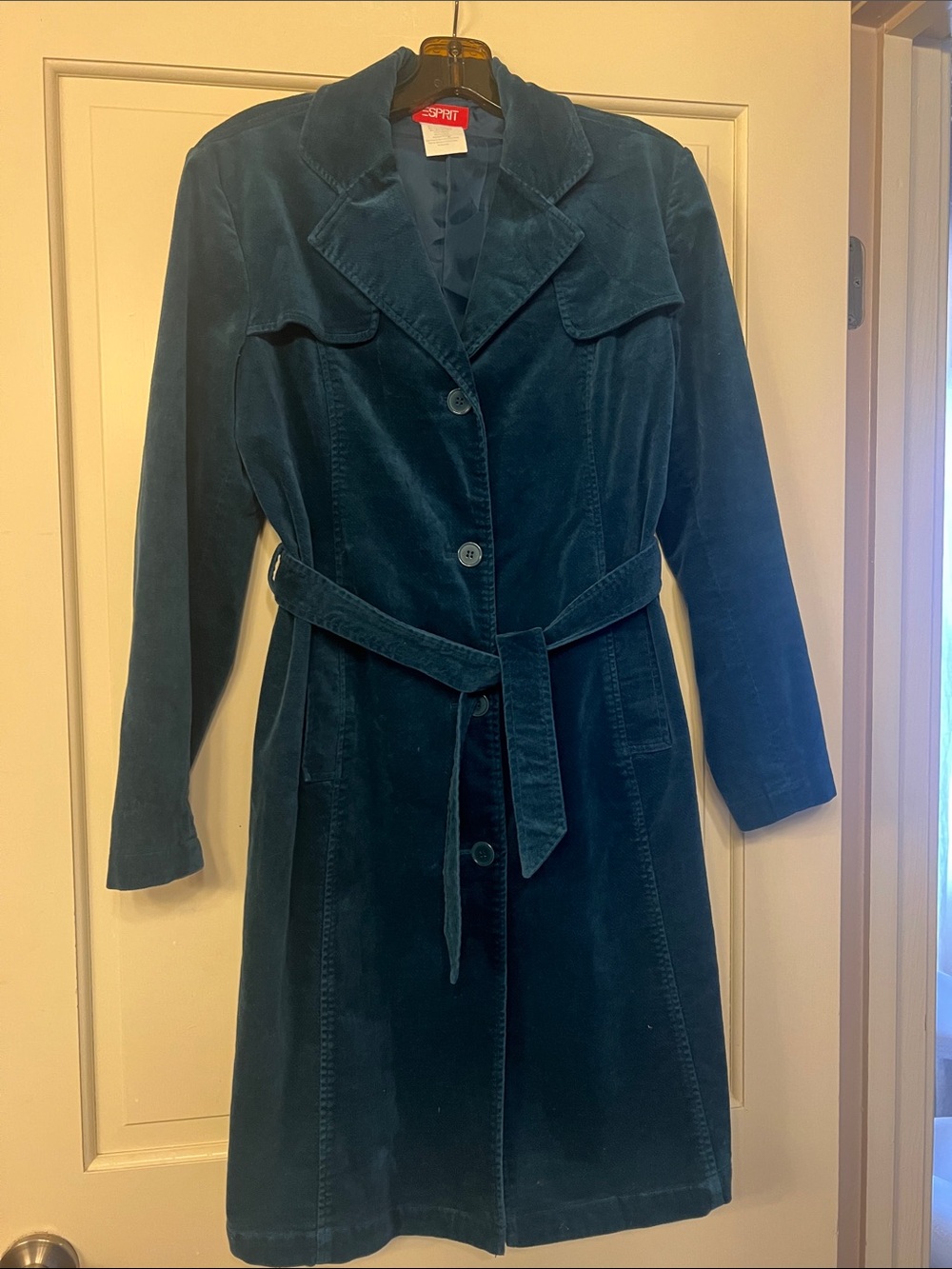 Vintage ‘70s ESPRIT Teal Velvet Trench Coat with Belt S